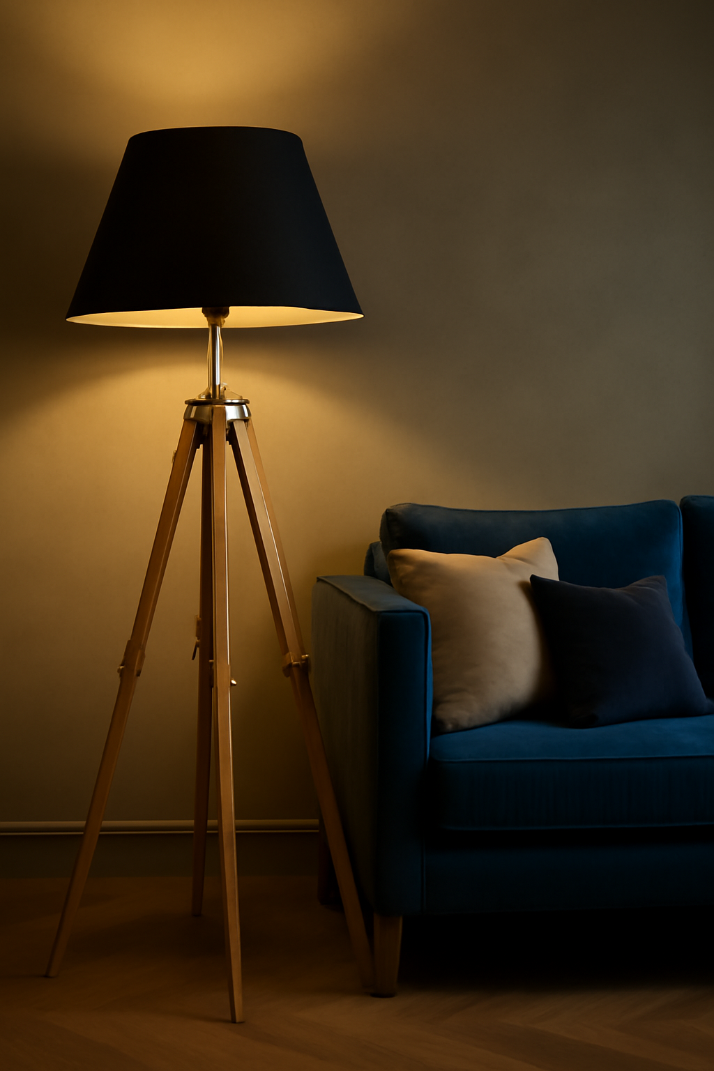 Classic Tripod Floor Lamp with Black Shade & Wooden Legs