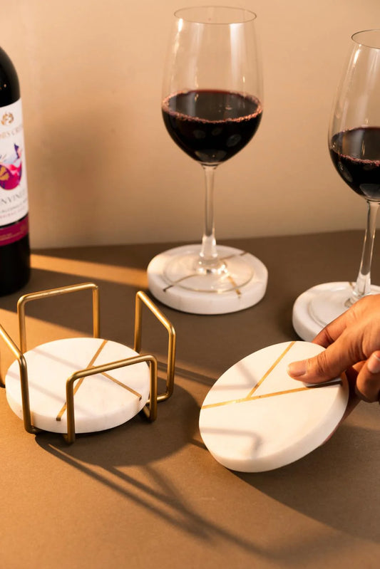 Marble Coasters with Brass Inlay Round White