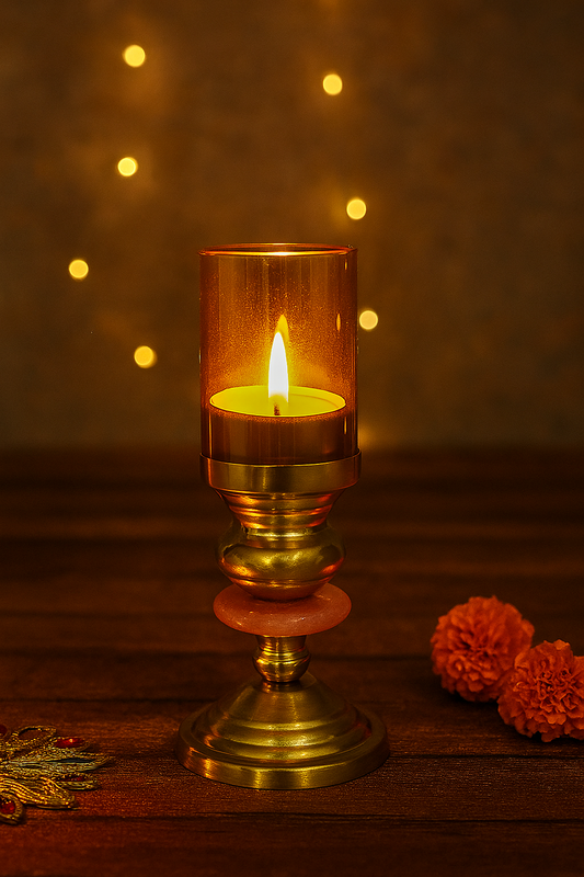 Gold & Pink Minimal Design Metallic T-Light Holder with Glass Chimney Cover