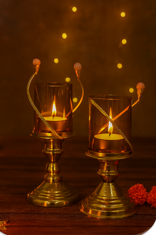 Gold & Pink Petal Design Metallic T-Light Holder Set of 2 with Glass Chimney Cover