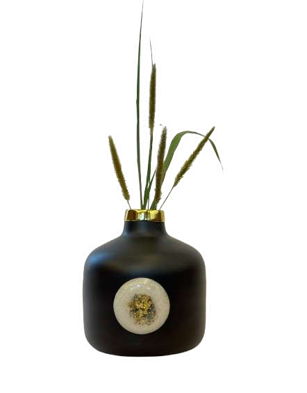 Glossy Mint Metal Vase with Rim and Decorative Stone