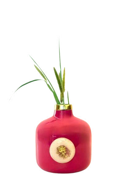 Glossy Mint Metal Vase with Rim and Decorative Stone