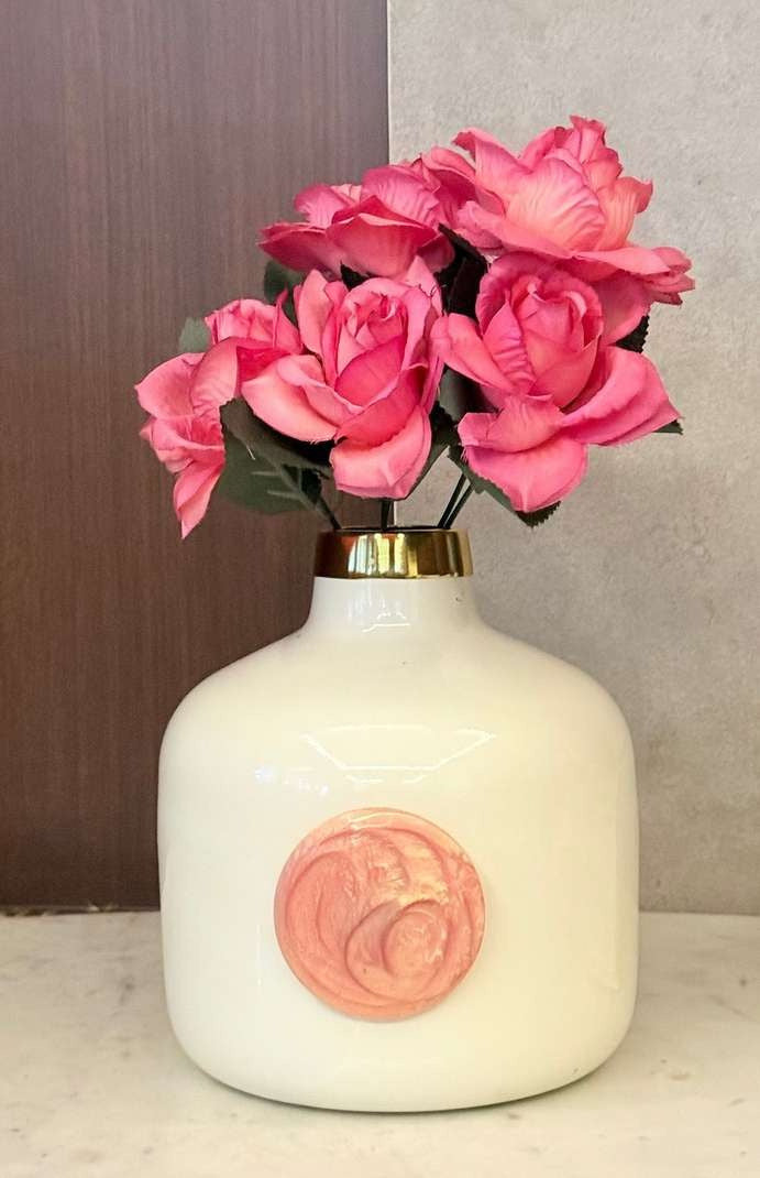 Glossy Mint Metal Vase with Rim and Decorative Stone