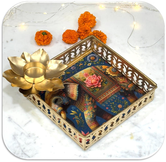 Handcrafted Printed Pooja Tray with Diya