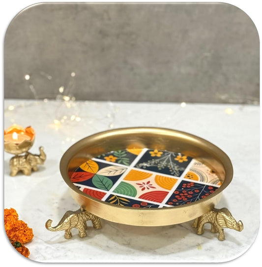 Handcrafted Metallic Printed Puja Tray with Elephant Design Stand