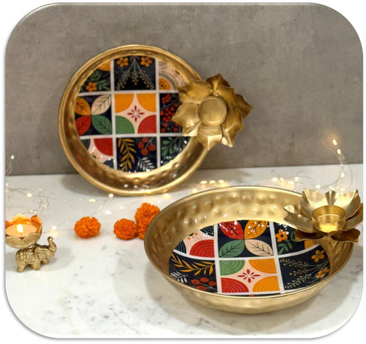 Printed Puja Tray with Flower Diya Design Set of 2
