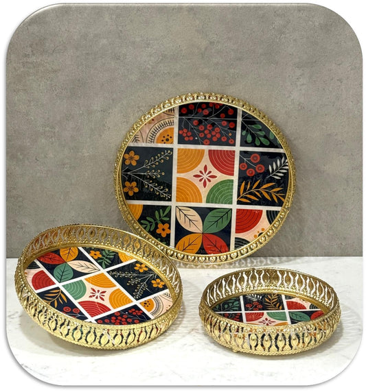 Handcrafted Metallic Printed Serving tray Set of 3