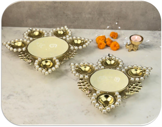 Peacock Design Crystal Urli with Diya Light Holder