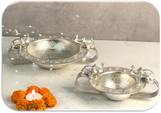 Elephant Design Gold Metallic Water Light Urli Set of 2