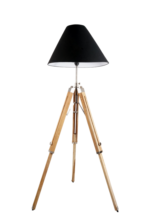 Classic Tripod Floor Lamp with Black Shade & Wooden Legs