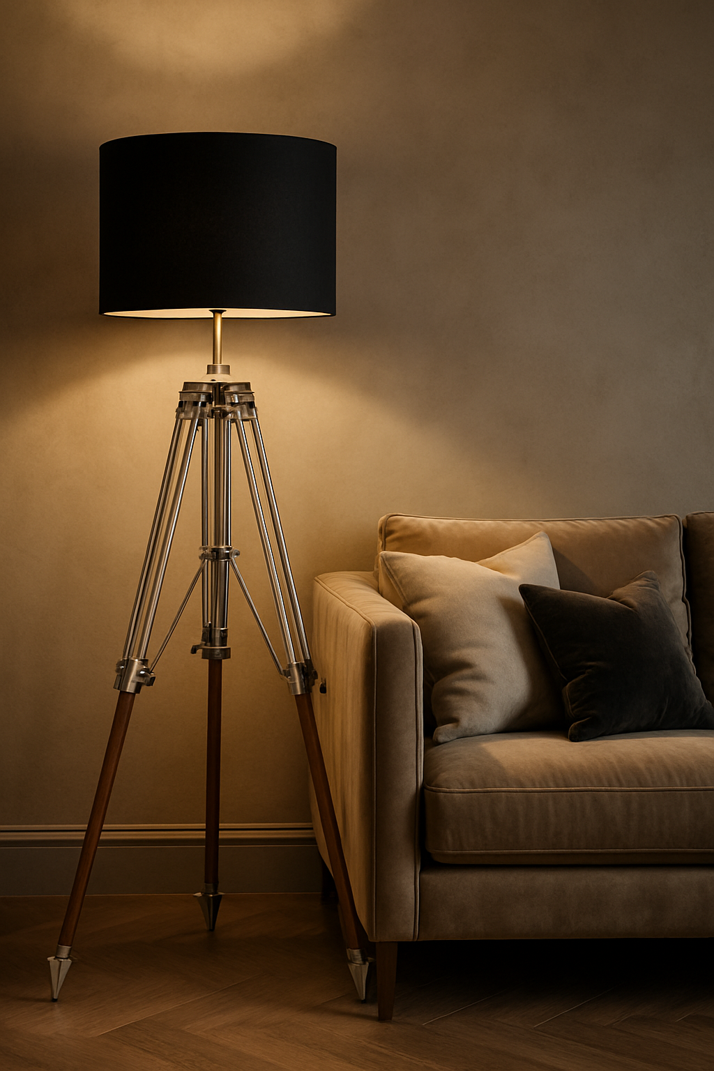 Vintage Tripod Floor Lamp – Polished Chrome & Wood