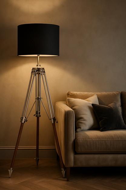Vintage Tripod Floor Lamp – Polished Chrome & Wood