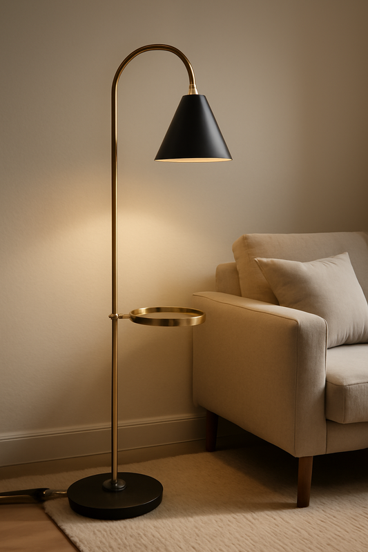 Arched Black & Gold Floor Lamp with Tray Table – Luxe Modern Design
