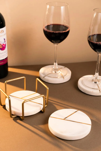 Marble Coasters with Brass Inlay Round White