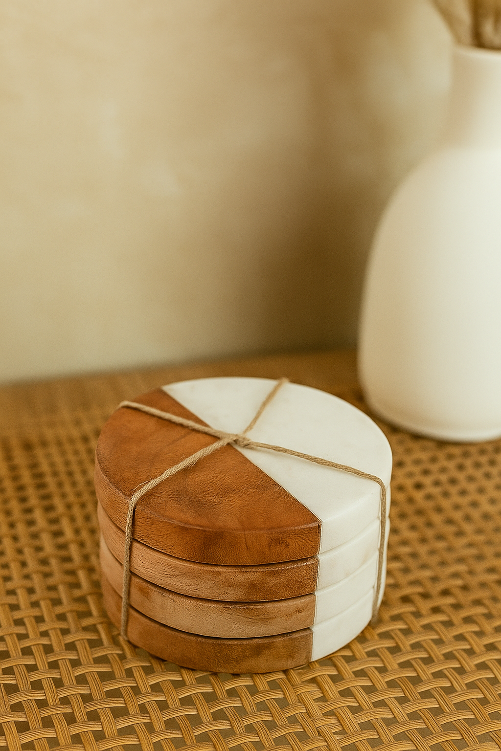 Marble Coasters with Brass Inlay Round White