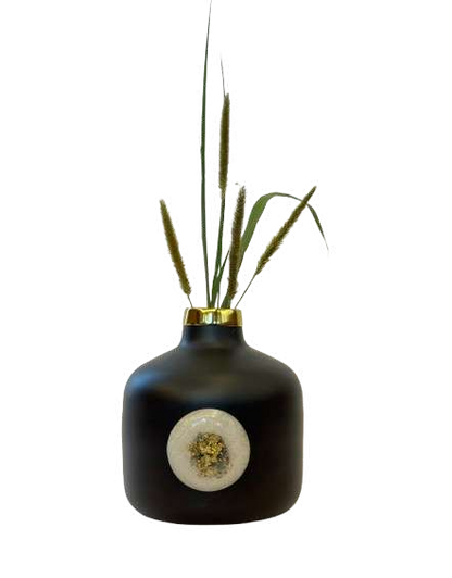 Glossy Mint Metal Vase with Rim and Decorative Stone