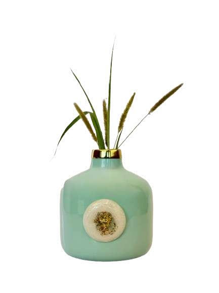 Glossy Mint Metal Vase with Rim and Decorative Stone