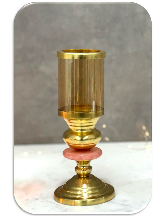 Gold & Pink Minimal Design Metallic T-Light Holder with Glass Chimney Cover