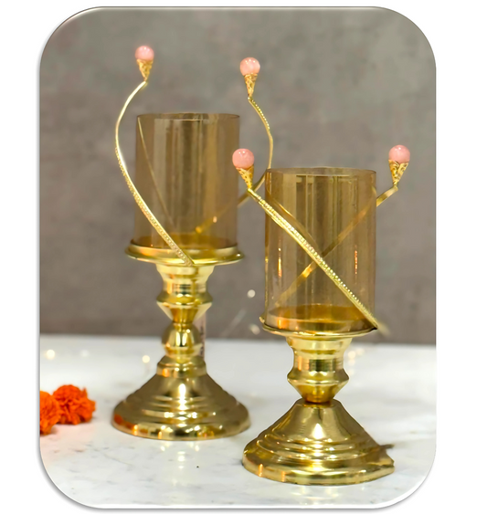 Gold & Pink Petal Design Metallic T-Light Holder Set of 2 with Glass Chimney Cover