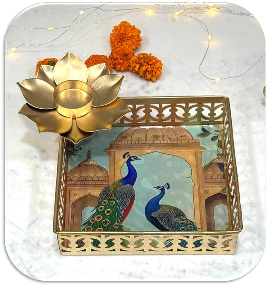 Handcrafted Printed Pooja Tray with Diya