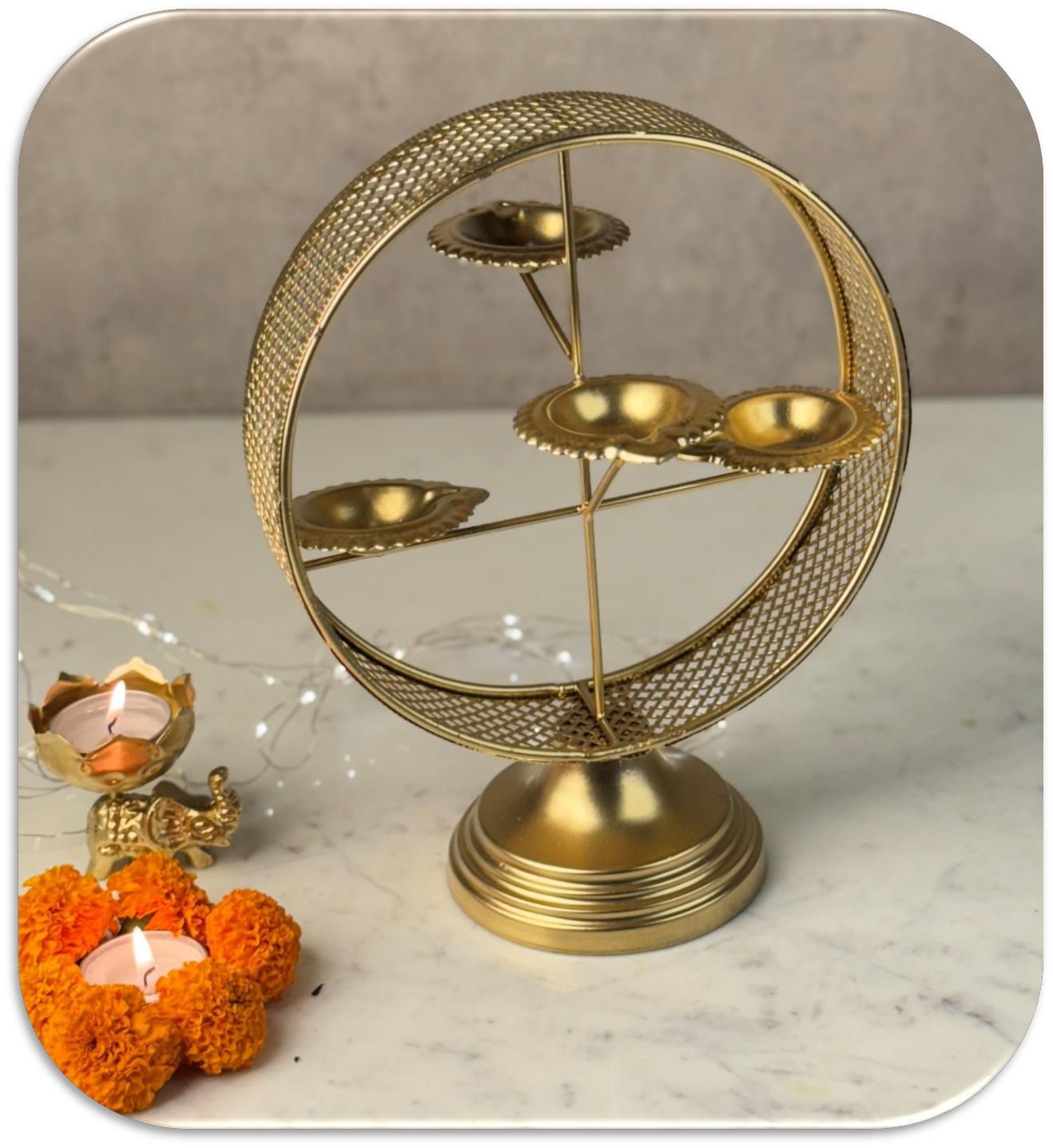 Gold Metallic Handcrafted Designer T-Light Holder for Diwali