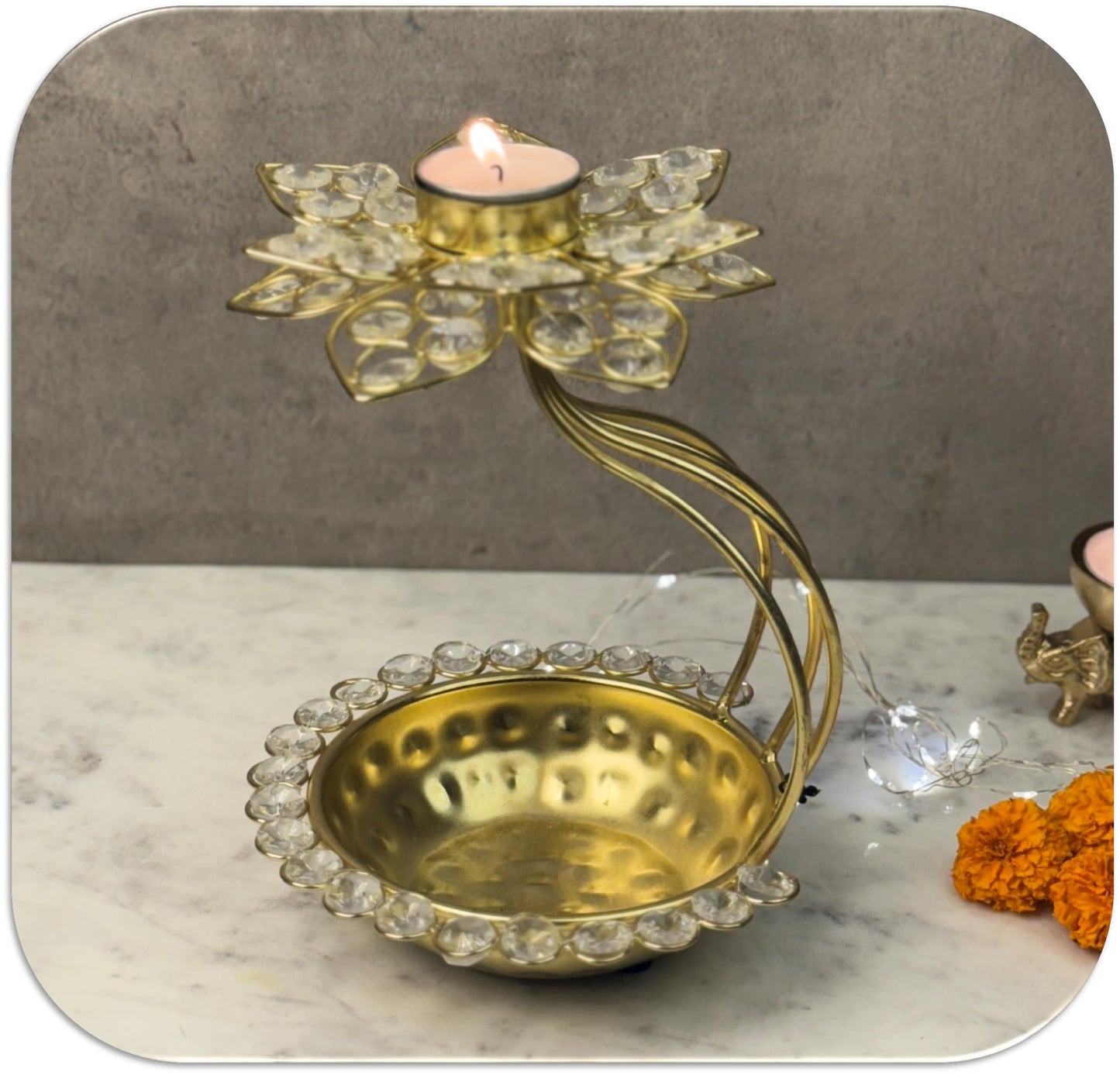 Handmade Diwali Crystal Urli with Light Holder