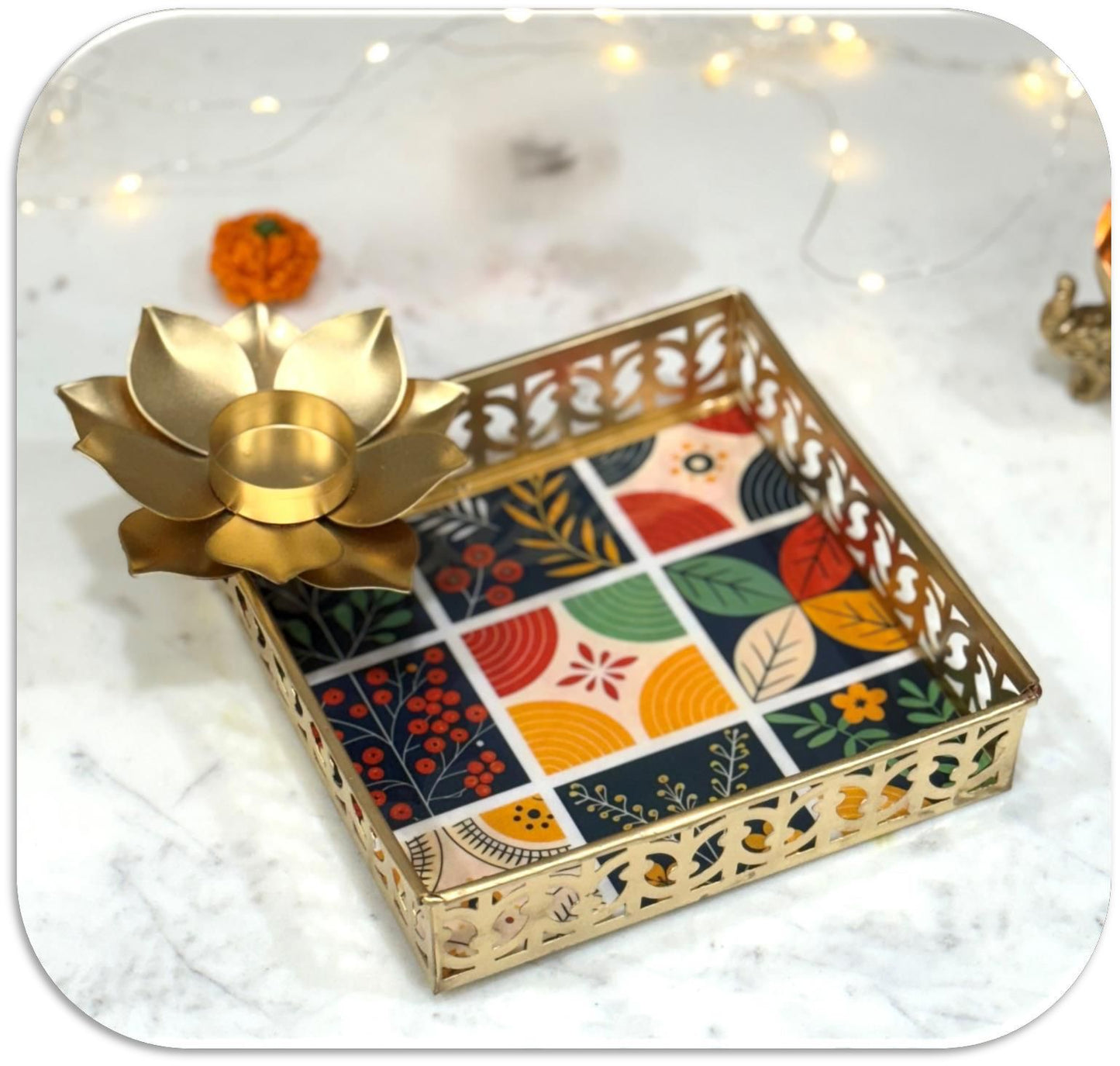 Handcrafted Printed Pooja Tray with Diya