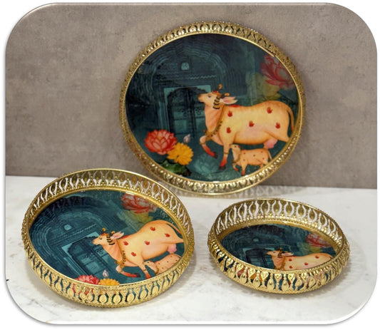 Handcrafted Metallic Printed Serving tray Set of 3