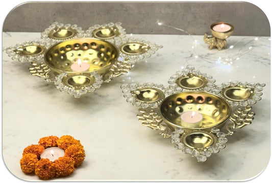 Peacock Design Crystal Urli with Diya Light Holder