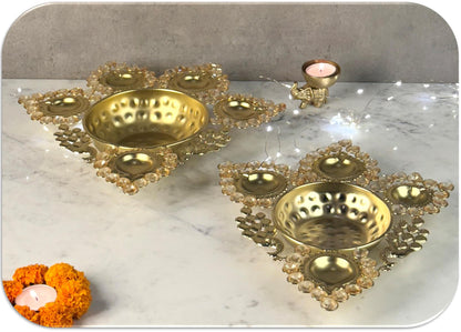 Peacock Design Crystal Urli with Diya Light Holder