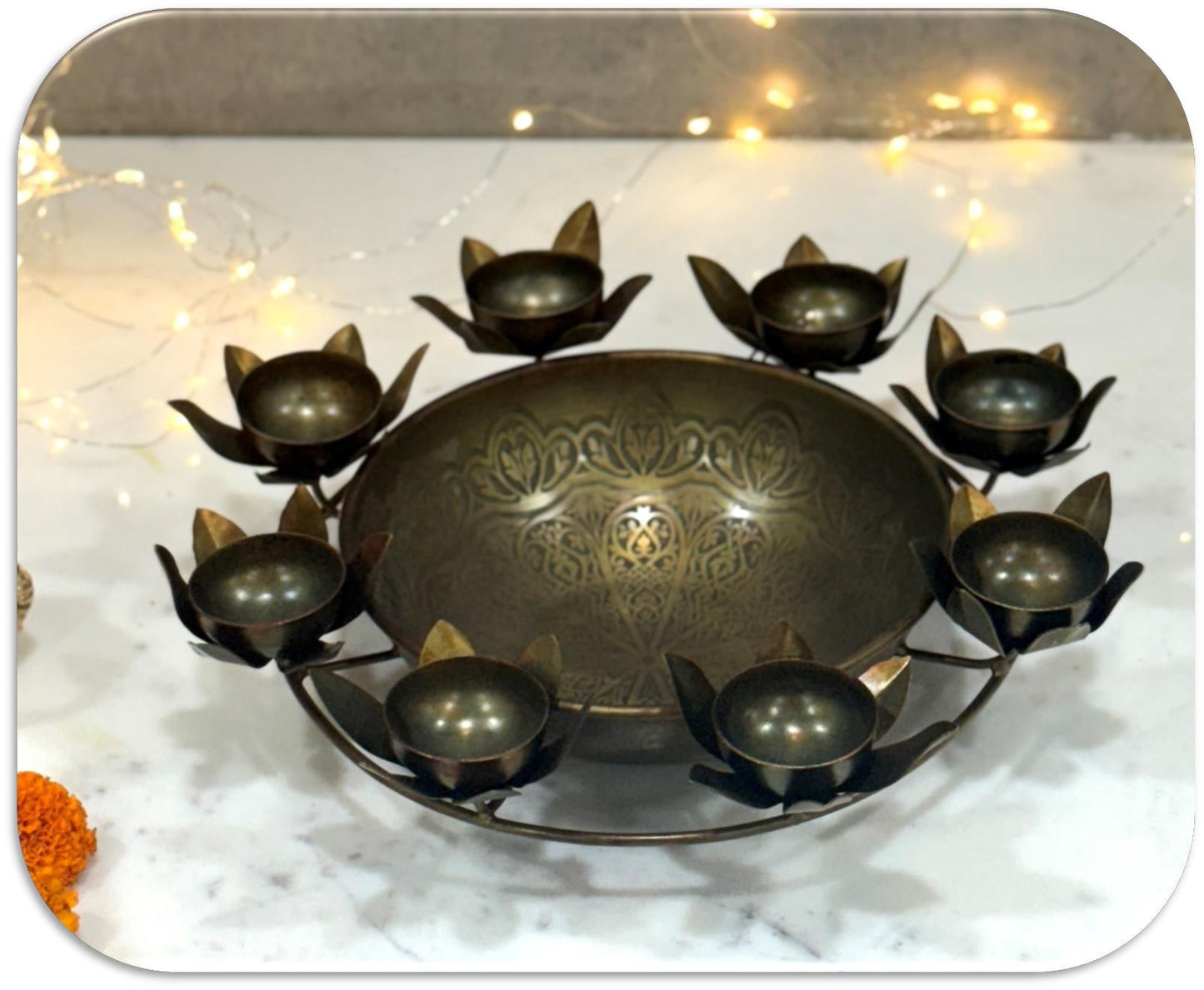 Engraved Gold Metallic Water Light Urli for Diwali