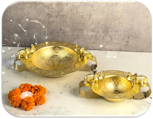 Elephant Design Gold Metallic Water Light Urli Set of 2