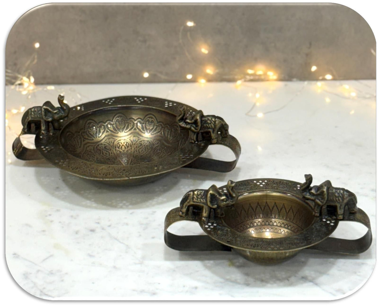 Elephant Design Gold Metallic Water Light Urli Set of 2