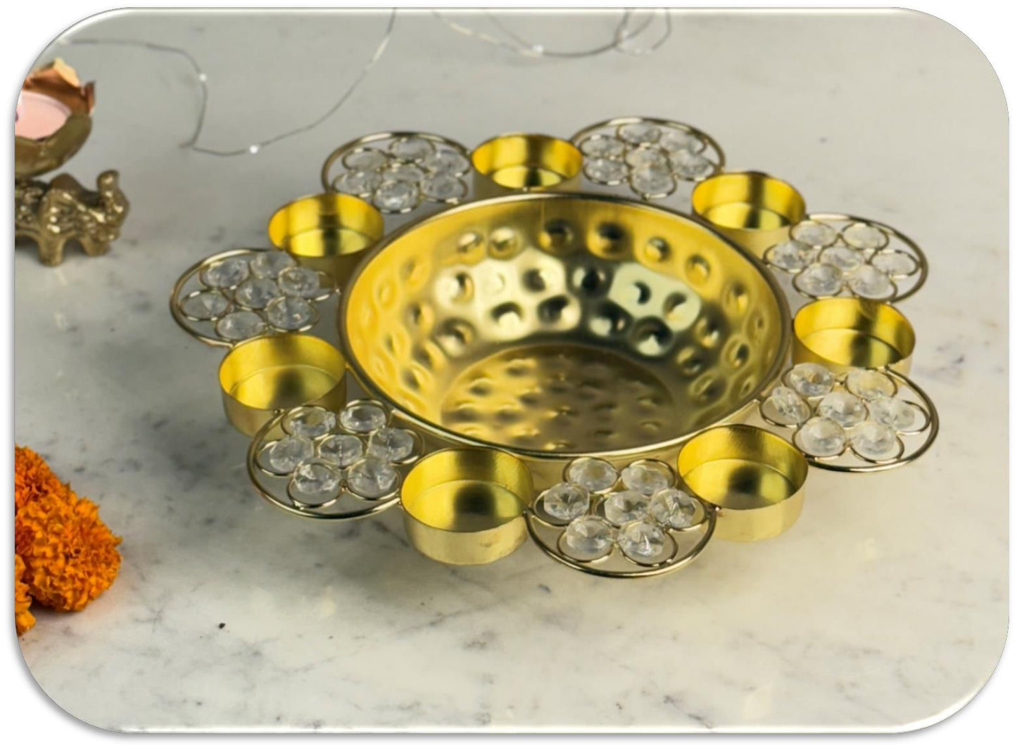 Handmade Crystal Urli with Diya Light Holder
