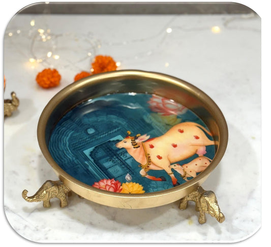 Handcrafted Metallic Printed Puja Tray with Elephant Design Stand