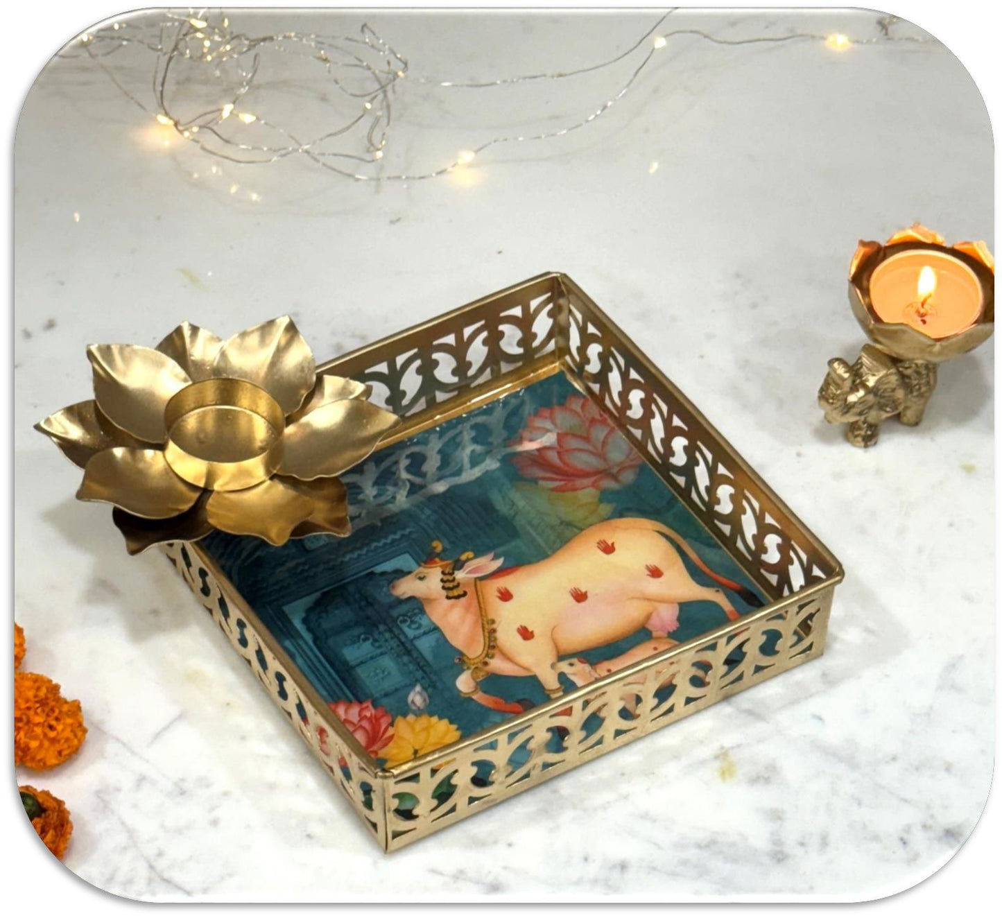 Handcrafted Printed Pooja Tray with Diya