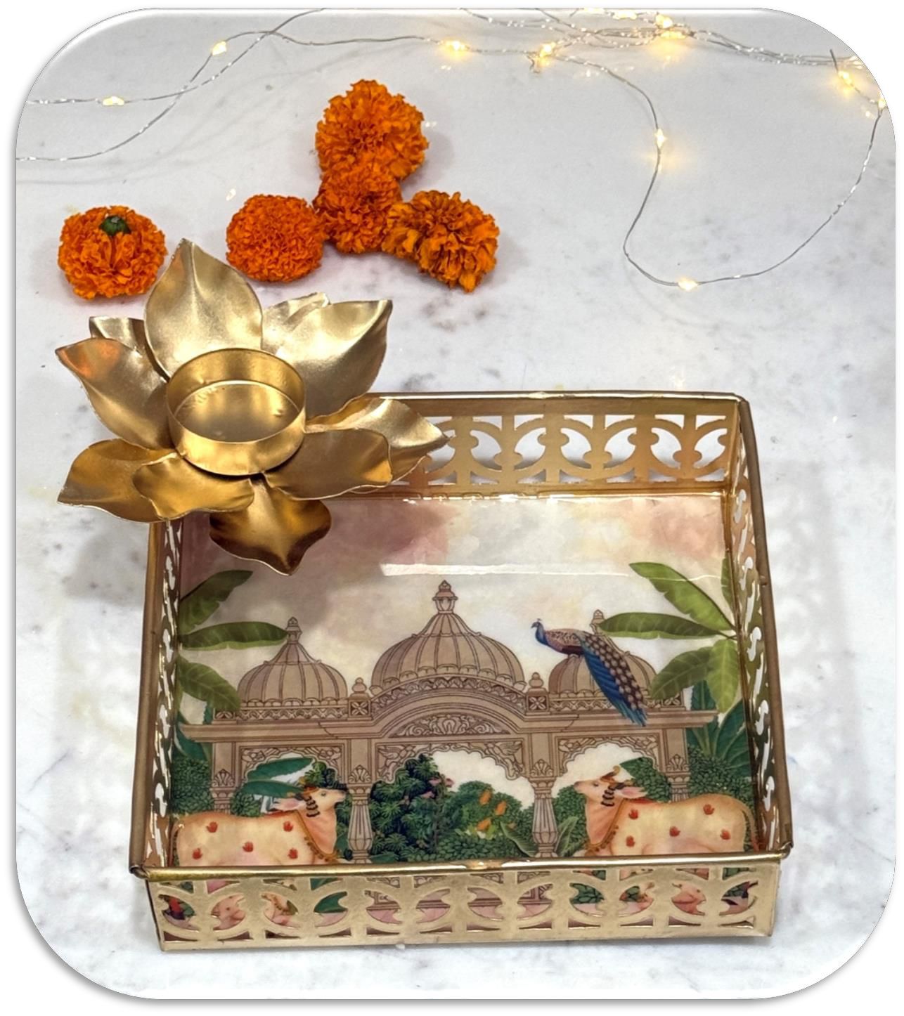 Handcrafted Printed Pooja Tray with Diya