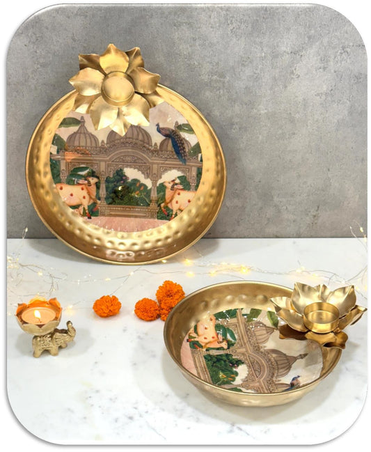 Printed Puja Tray with Flower Diya Design Set of 2